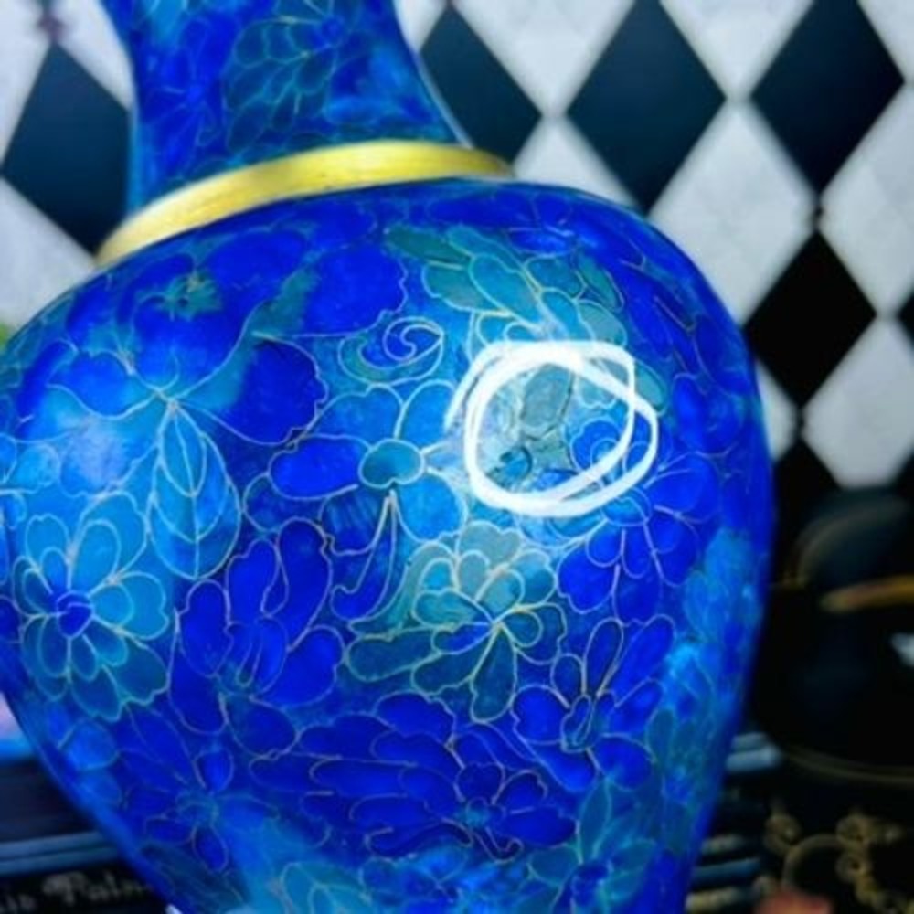 Large Blue Cloisonné 10" Floral Vase Brass Trim Vintage Elegance - Picture 5 of 10